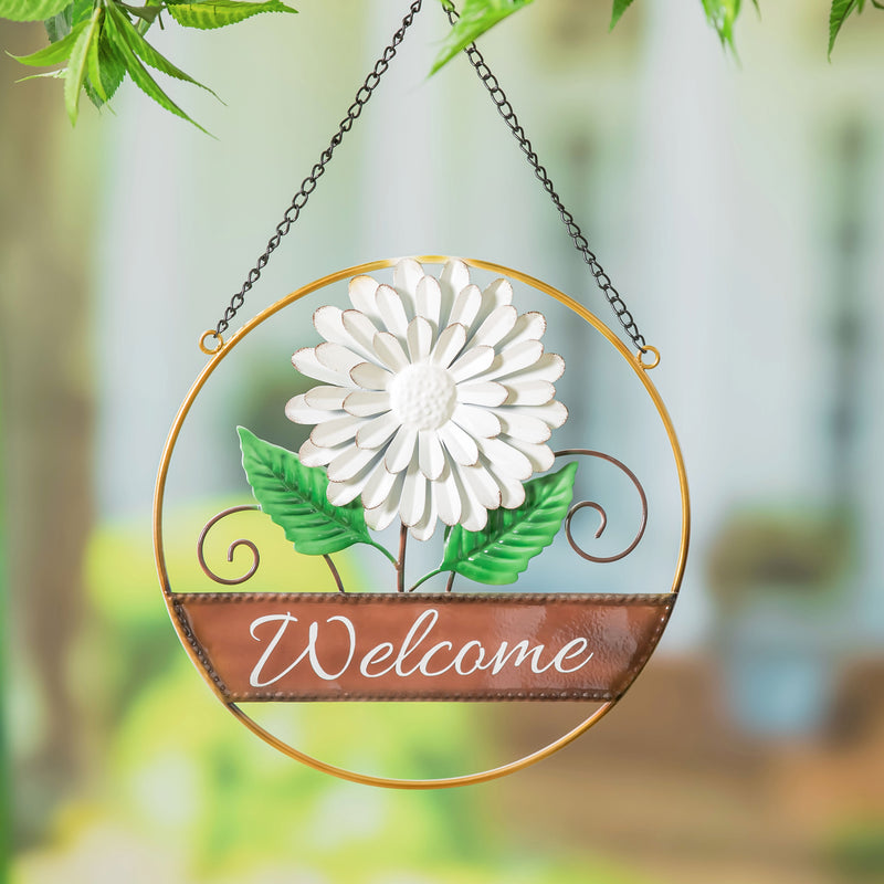 Evergreen Garden Accents,12" Round Floral Hanging Garden Sign with Chain , 3 Asst,12x0.8x19.88 Inches
