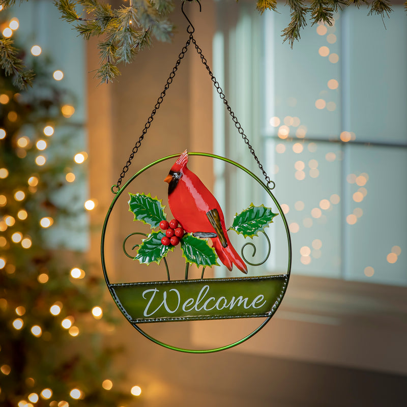Evergreen Garden Accents,12" Hanging Christmas Metal Sign, Cardinal & Poinsettia,12x0.8x19.88 Inches
