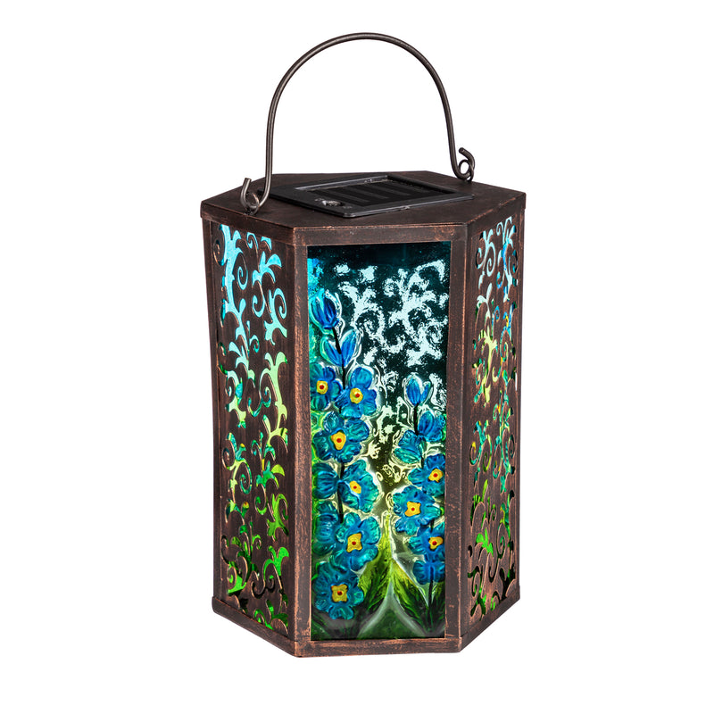 Evergreen Deck & Patio Decor,Handpainted Embossed Glass and Metal Solar Lantern, Blue Delphinium Florals,5.31x5.91x8.27 Inches