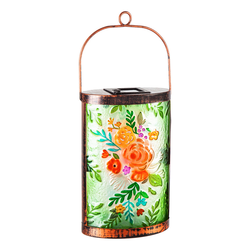 Evergreen Deck & Patio Decor,Handpainted Solar Glass Lantern, Floral Essence,5.91x3.74x9.45 Inches