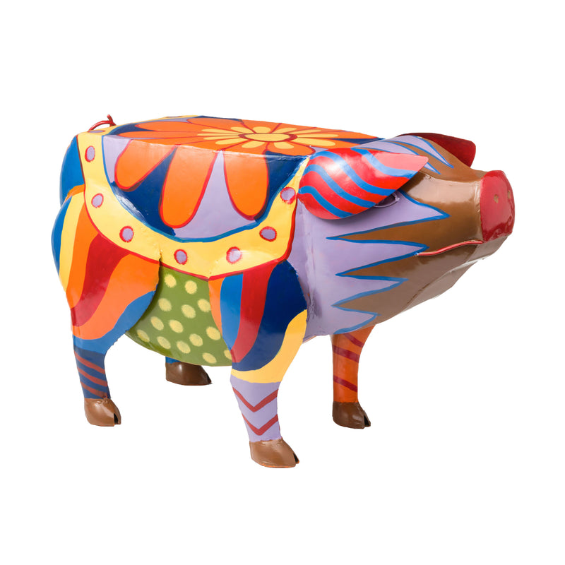 Evergreen Deck & Patio Decor,Colorful Folk Art Pig Side Table,25.75x10x15.5 Inches