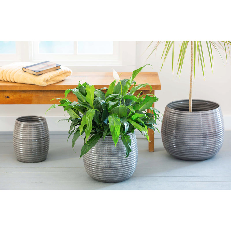 Evergreen Deck & Patio Decor,Metal Ribbed Planter, Set of 3,15.5x15.5x12.5 Inches