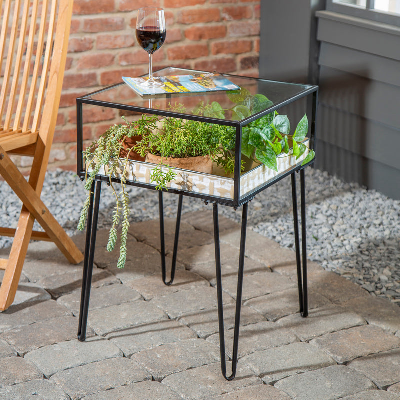 Evergreen Deck & Patio Decor,Metal Table with Glass Top and Gold Metal Planter Dish,18.1x18.1x26 Inches
