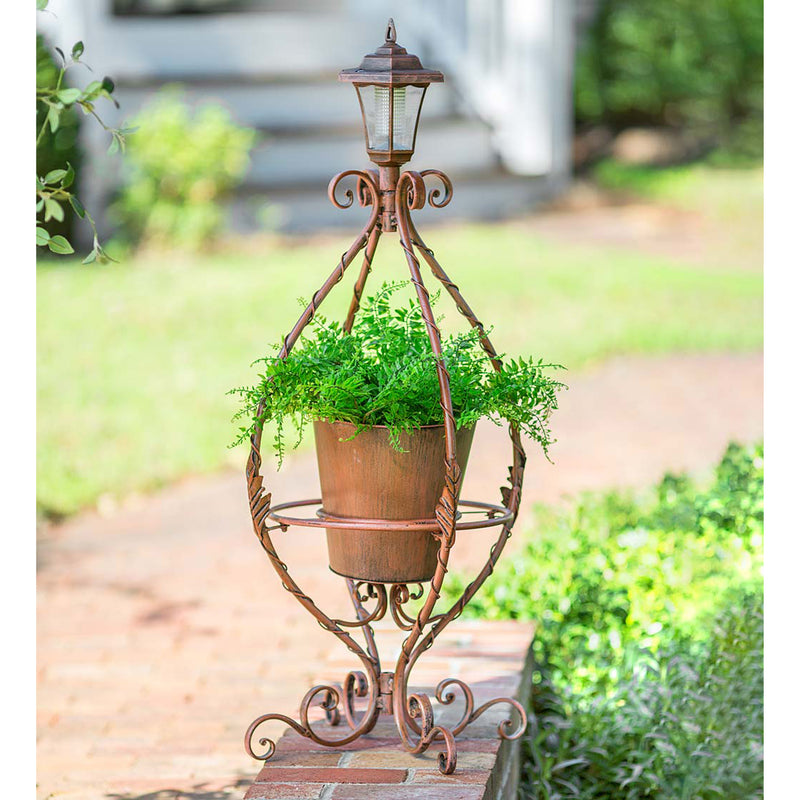 Evergreen Deck & Patio Decor,Antiqued Wrought Iron Plant Stand with Solar Light,18.25x18.25x40 Inches