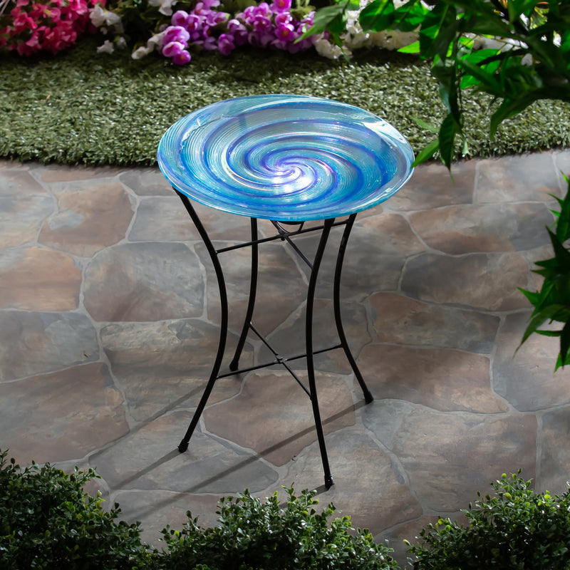 Evergreen Bird Bath,15" Swirl Glass Bird Bath with Solar Stand, Blue,15x15x21 Inches