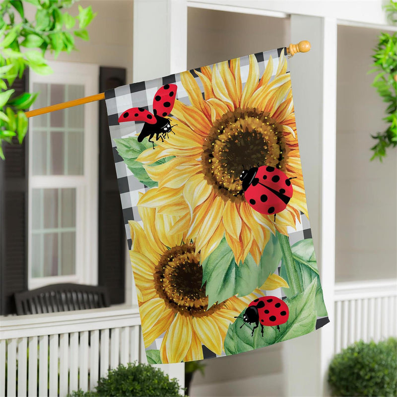Sunflower Ladybugs Burlap House Flag