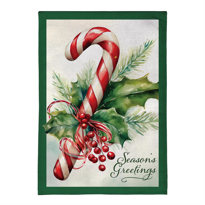 Season's Greetings Candy Cane Burlap House Flag