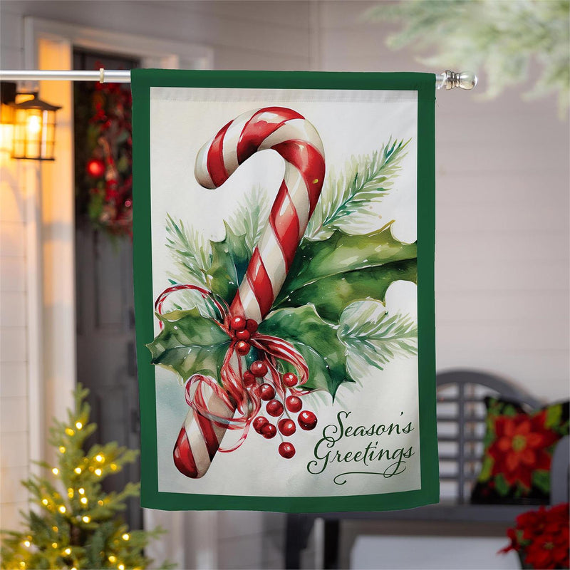 Season's Greetings Candy Cane Burlap House Flag