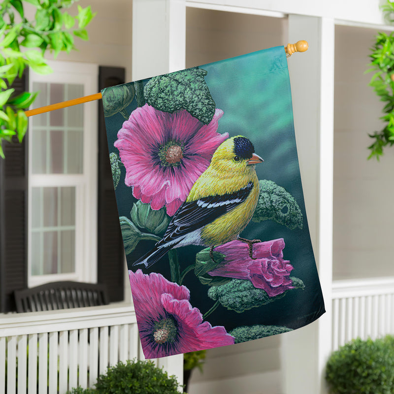 Goldfinch on Hollyhocks Suede House Flag