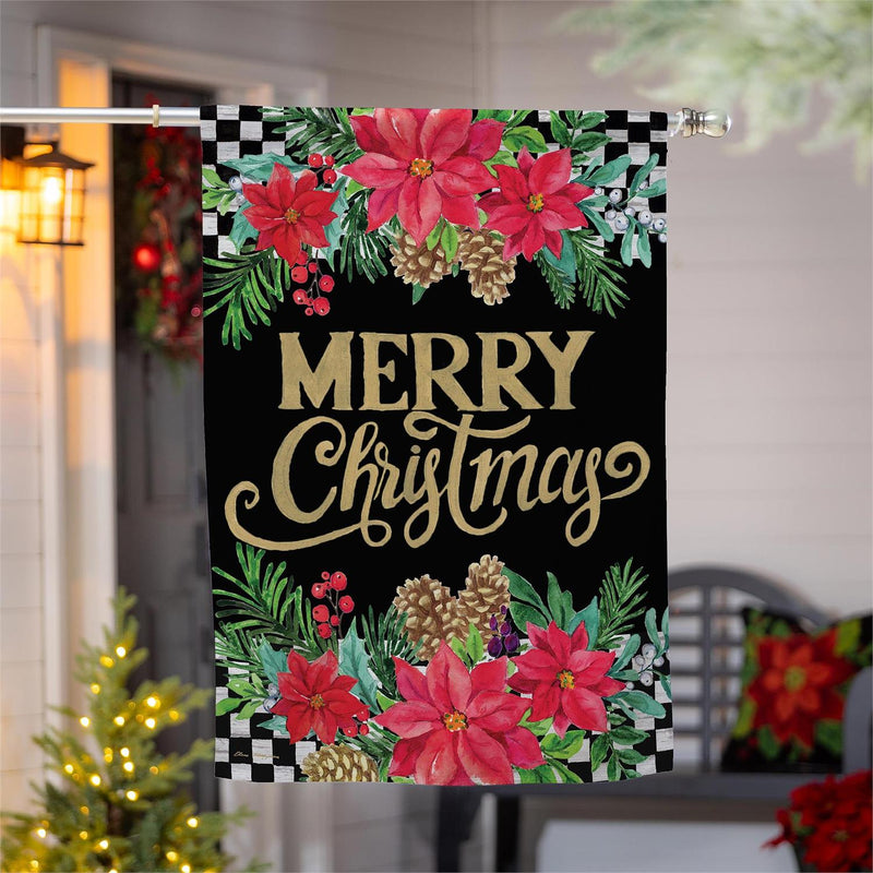 Floral Checkered Merry Christmas Suede House Flag