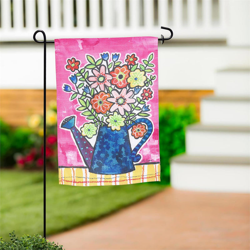 Summer Flowers Watering Can Burlap Garden Flag