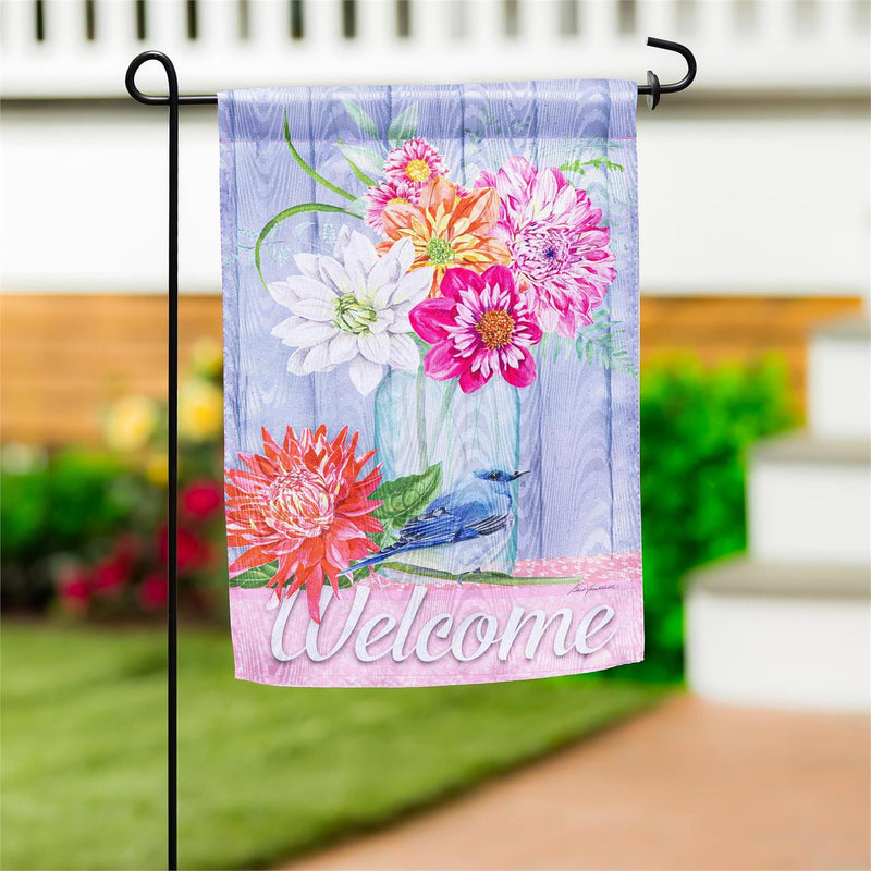 Dahlias and Bluebird Moire Garden Flag