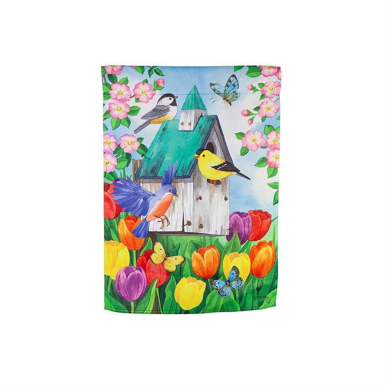 Birdhouse Blooms Garden Suede Flag