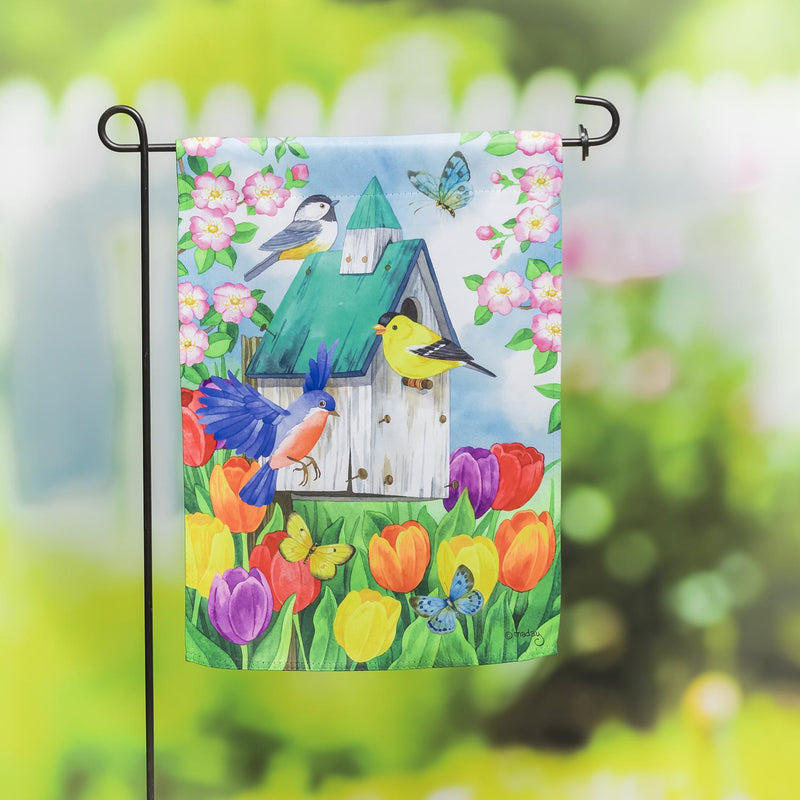 Birdhouse Blooms Garden Suede Flag
