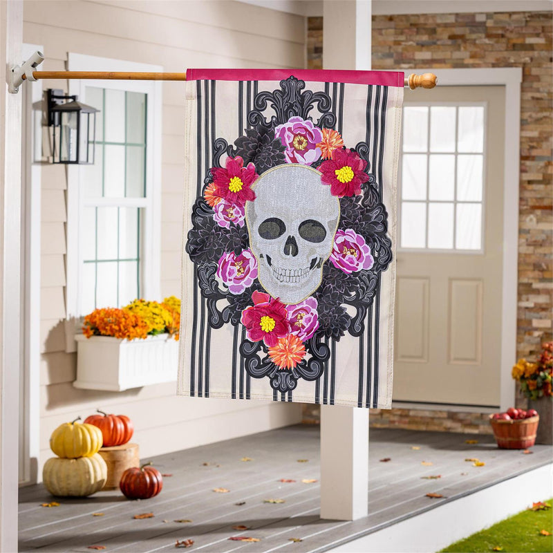 Happy Skull Floral Applique House Flag
