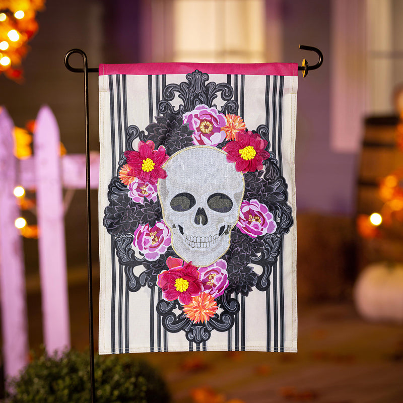 Happy Skull Floral Applique Garden Flag