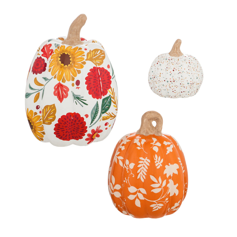 Evergreen Statuary,Set of 3 Printed Ceramic Pumpkins, Autumn Blooms,6.3x8.64x6.3 Inches