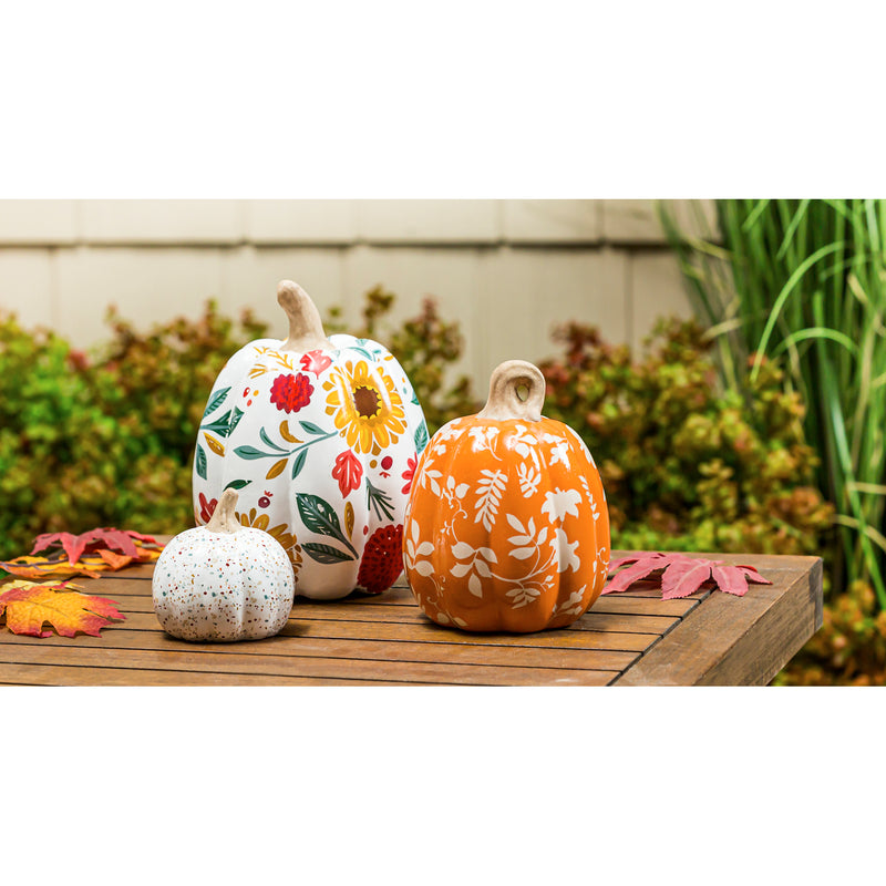 Evergreen Statuary,Set of 3 Printed Ceramic Pumpkins, Autumn Blooms,6.3x8.64x6.3 Inches