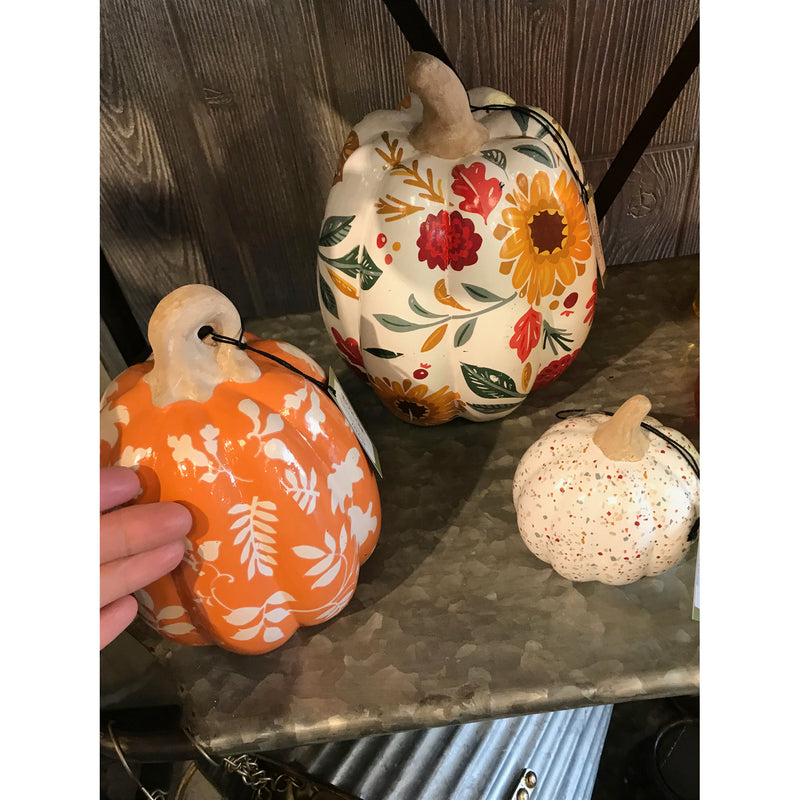 Evergreen Statuary,Set of 3 Printed Ceramic Pumpkins, Autumn Blooms,6.3x8.64x6.3 Inches