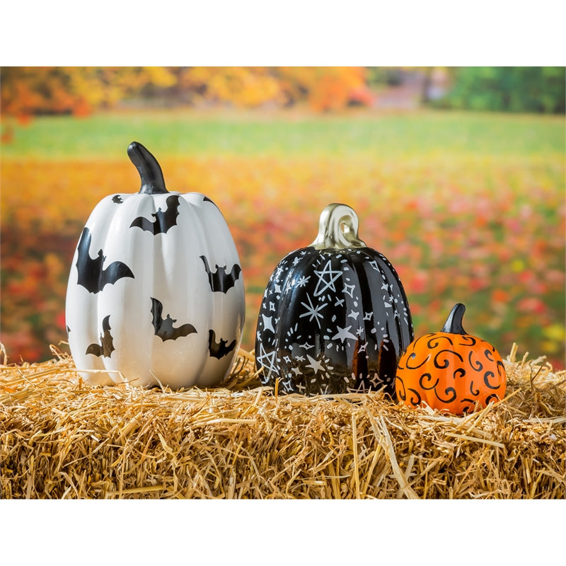 Evergreen Statuary,Set of 3 Printed Ceramic Pumpkins, Halloween Night,6.3x8.64x6.3 Inches