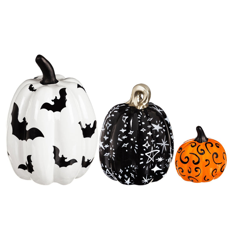 Evergreen Statuary,Set of 3 Printed Ceramic Pumpkins, Halloween Night,6.3x8.64x6.3 Inches