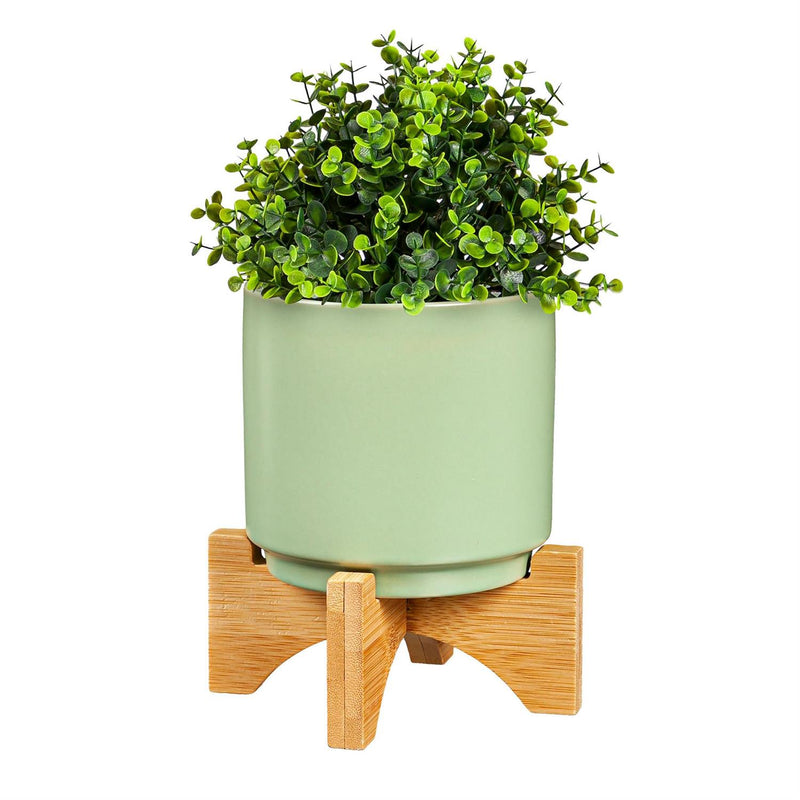 4" Ceramic Planter with Wood Stand, 3 ASST.