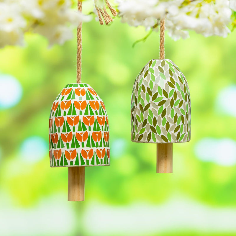 Tulip Greens Mosaic Glass Bell Chime, Asst of 2