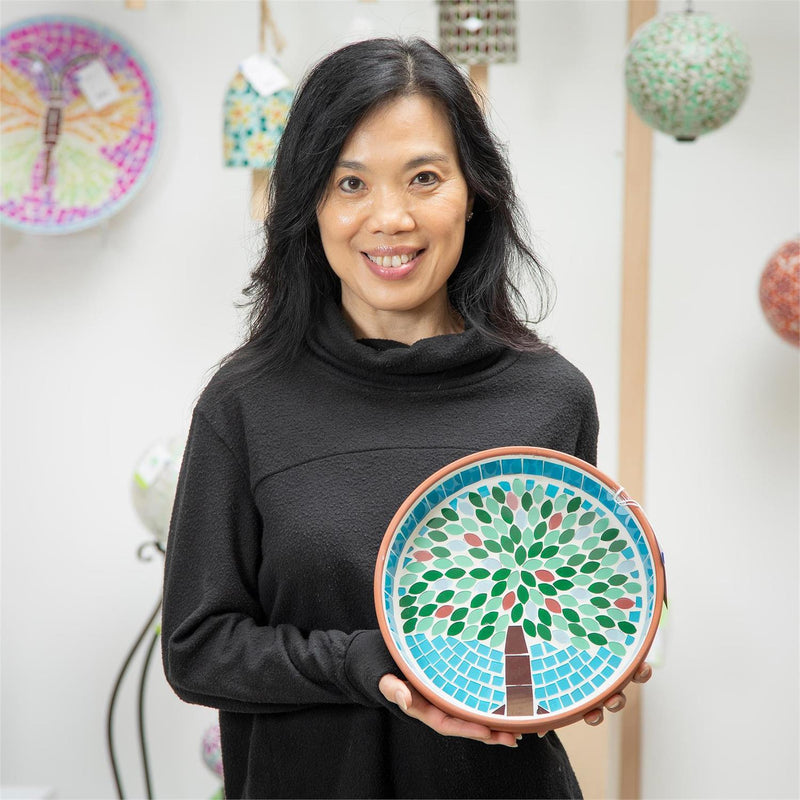 10" Terracotta Mosaic Bird Bath, Bountiful Tree