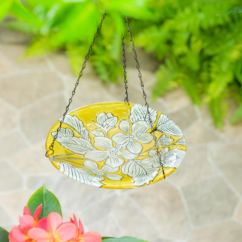10" Hanging Yellow Floral Glass Bird Bath