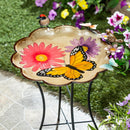 Pollinator Garden Birdbath, Metal Bright Butterfly & Flowers, 17"