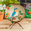 17" Metal Bird Bath, Blue Bird With Flowers