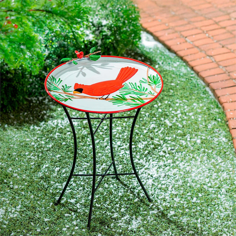 Holiday Poinsettia Birdbath, Metal Birdbath with Stand, Cardinal, 16.5"