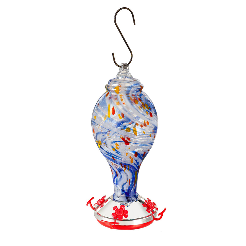 Blue Coastal Bird Feeder, Art Glass Hummingbird Feeder, Blue Swirl