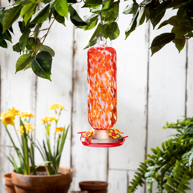 Pollinator Garden Bird Feeder, Art Glass Hanging Hummingbird Feeder, Red & White