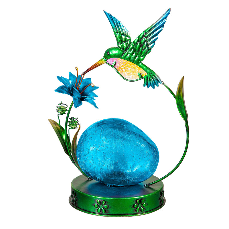 Pollinator Garden Statue, LED Metal Hummingbird With Orb, 10"H