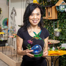 Pollinator Garden Statue, LED Metal Hummingbird With Orb, 10"H