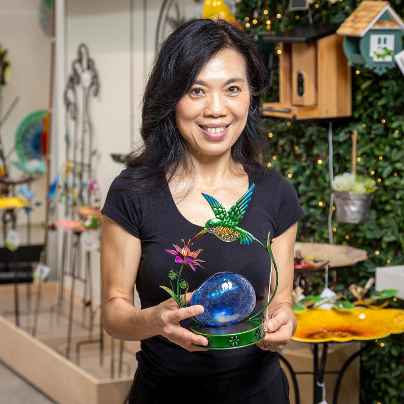 Pollinator Garden Statue, LED Metal Hummingbird With Orb, 10"H