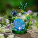 Pollinator Garden Statue, LED Metal Hummingbird With Orb, 10"H