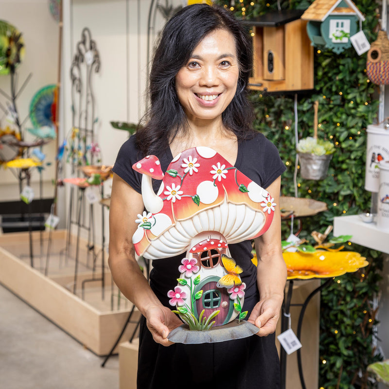 Garden of Wonder Garden Statue, LED Metal Floral Mushroom House, 16"H