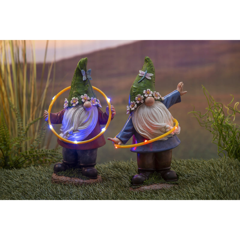 Evergreen Statuary,Chasing Lights Solar Hula Hoop Garden Gnome Statuary w/ Butterfly,9.45x5.51x14.37 Inches