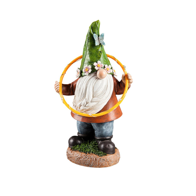 Evergreen Statuary,Chasing Lights Solar Hula Hoop Garden Gnome Statuary w/ Butterfly,9.45x5.51x14.37 Inches