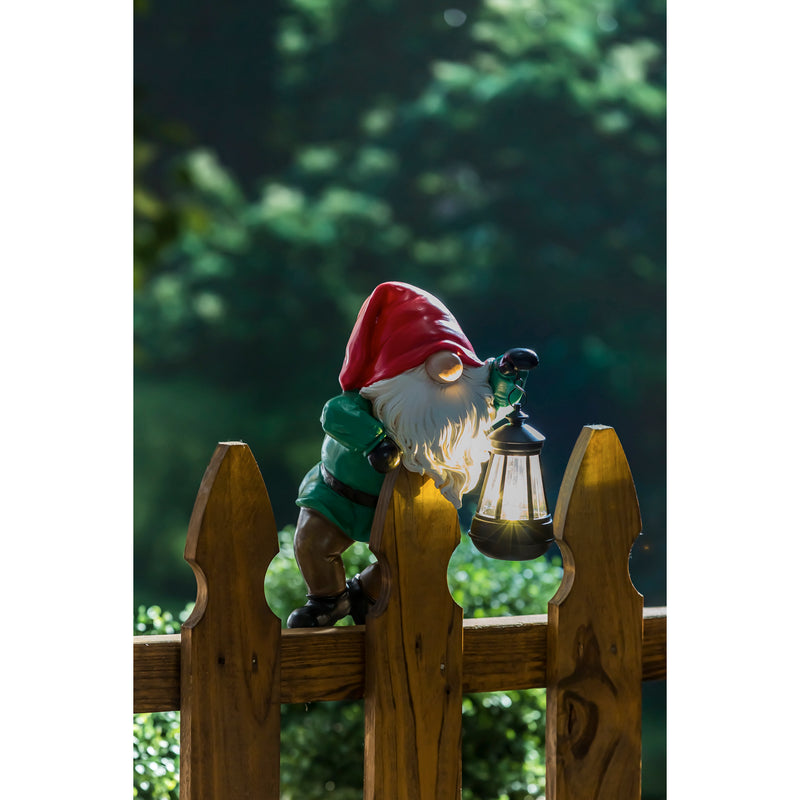 Evergreen Statuary,Fence Hanger with Solar Lantern, Gnome,9.06x8.07x12.4 Inches