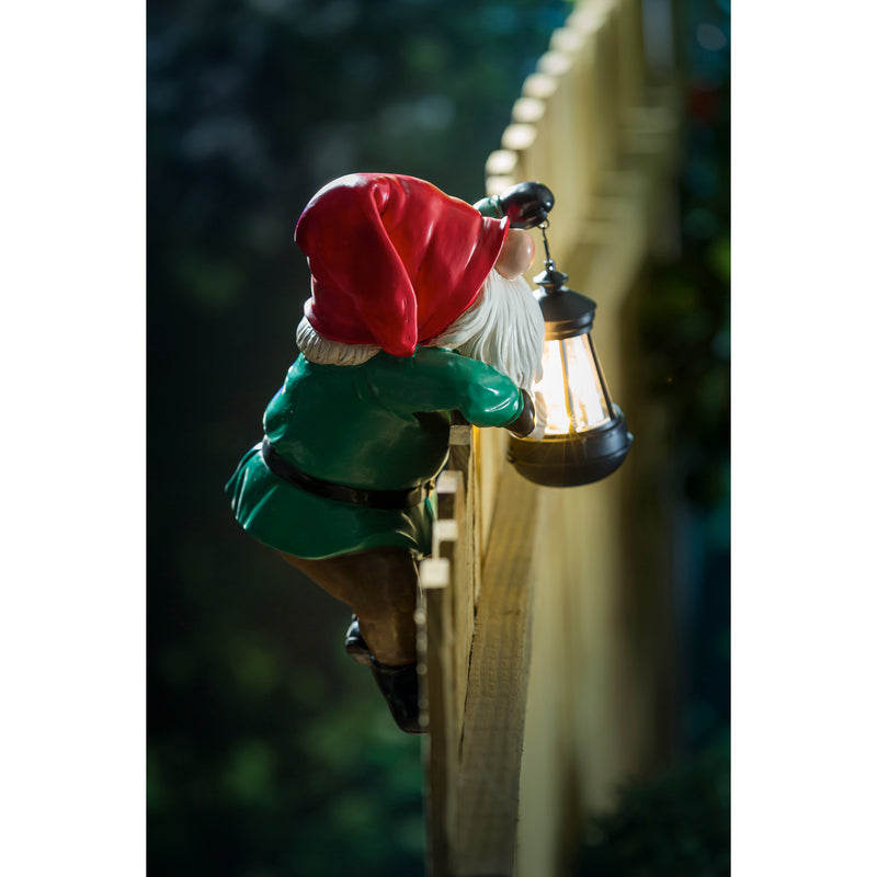 Evergreen Statuary,Fence Hanger with Solar Lantern, Gnome,9.06x8.07x12.4 Inches