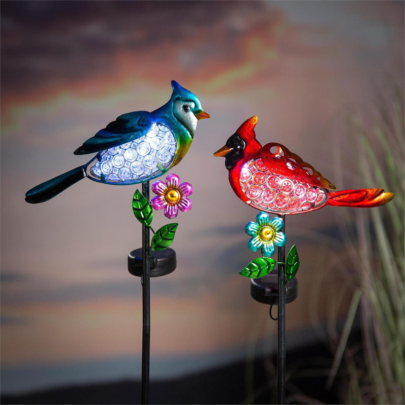 35"H Solar Garden Stake, Jeweled Blue Jay & Cardinal, Set of 2
