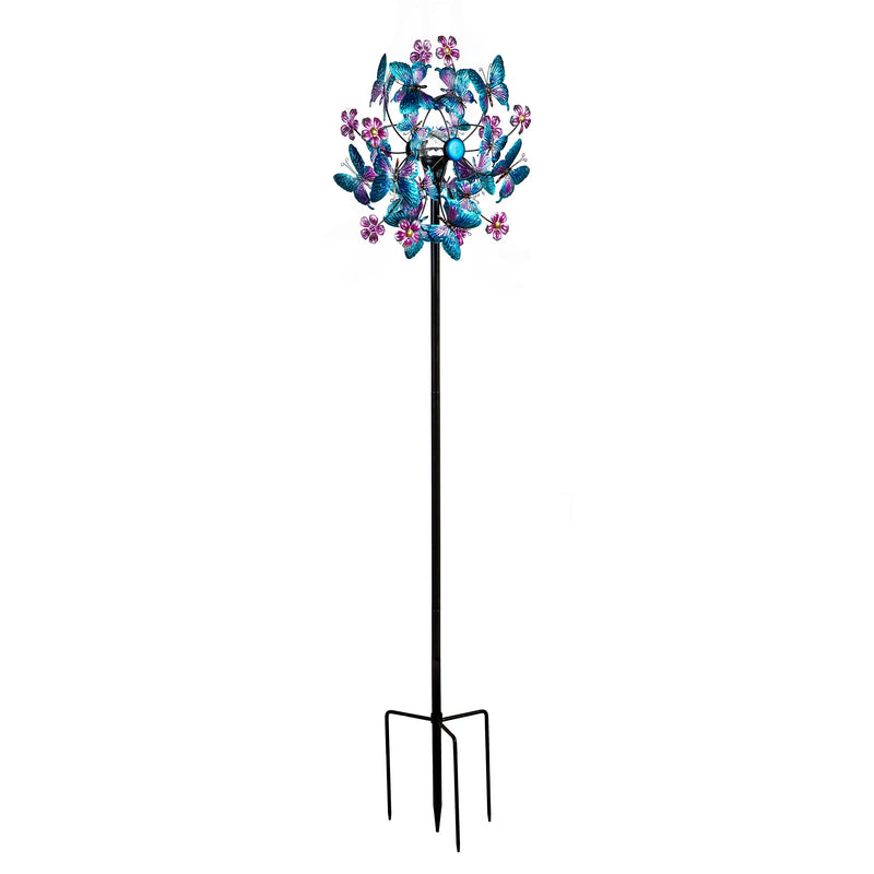 Solar Metal  Wind Spinner, Blue Butterfly & Flowers, 74"H