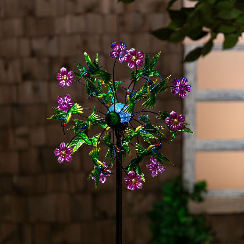 Pollinator Garden Wind Spinner, Solar Metal Green Hummingbird & Flowers, 74"H