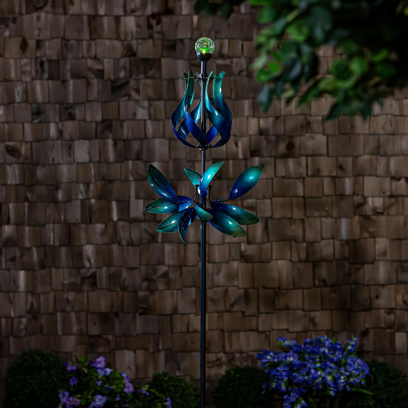 Blue Coastal Wind Spinner, Solar Blue & Teal Floral Gradient, 82"H
