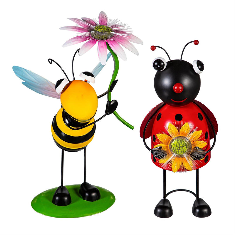Pollinator Garden Statue, Solar Metal Bee & Ladybug With Fiber Optic, 2 Asst.,, 14"H