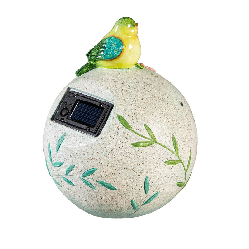 Solar Bird Sitting On Floral Orb Statue, 8"H