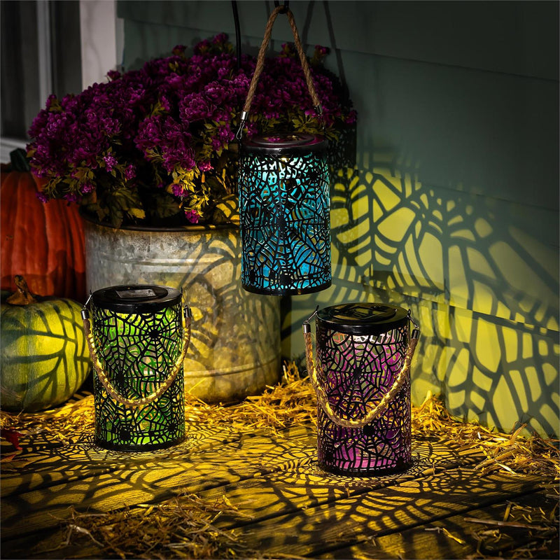 Laser Cut Spider Web Solar Lantern, 9"H
